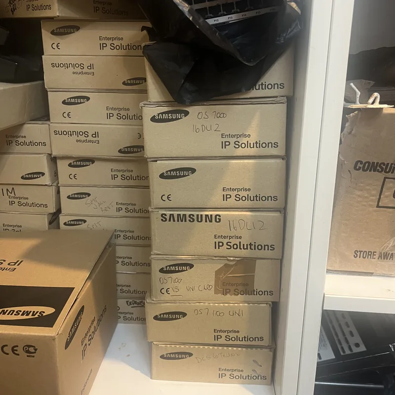 Shelves of boxed Samsung OfficeServ equipment at Cititel